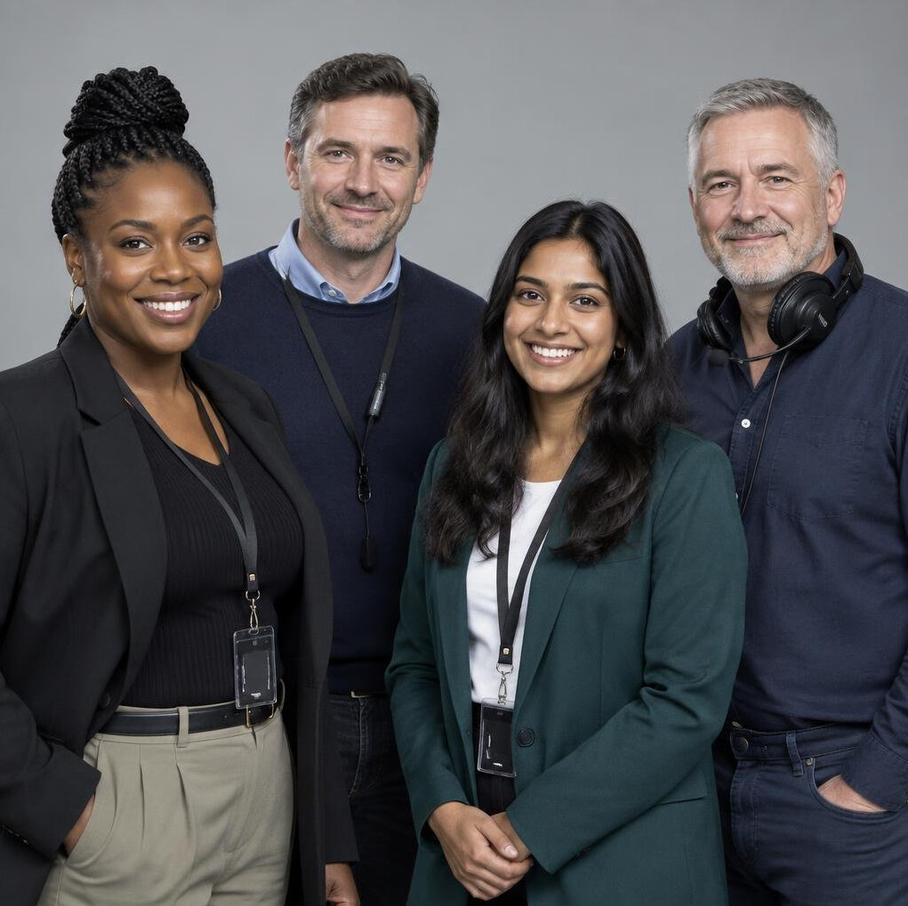 Team of four broadcast production professionals standing together