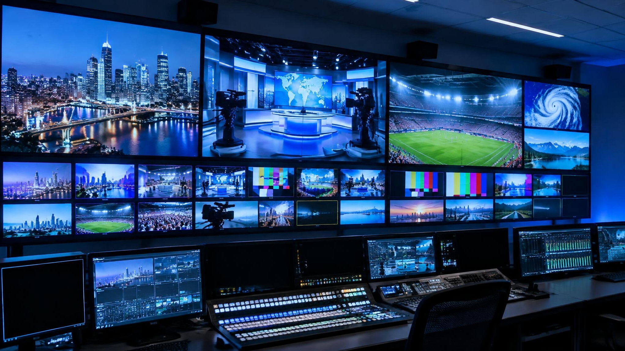 Wall of monitors displaying multiple live television feeds