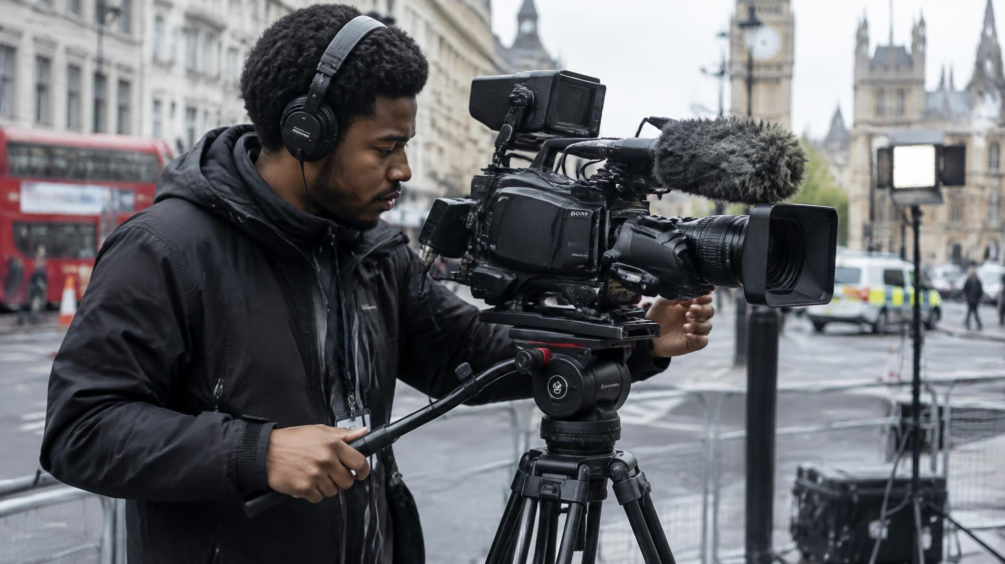Camera crew setting up equipment before a live broadcast