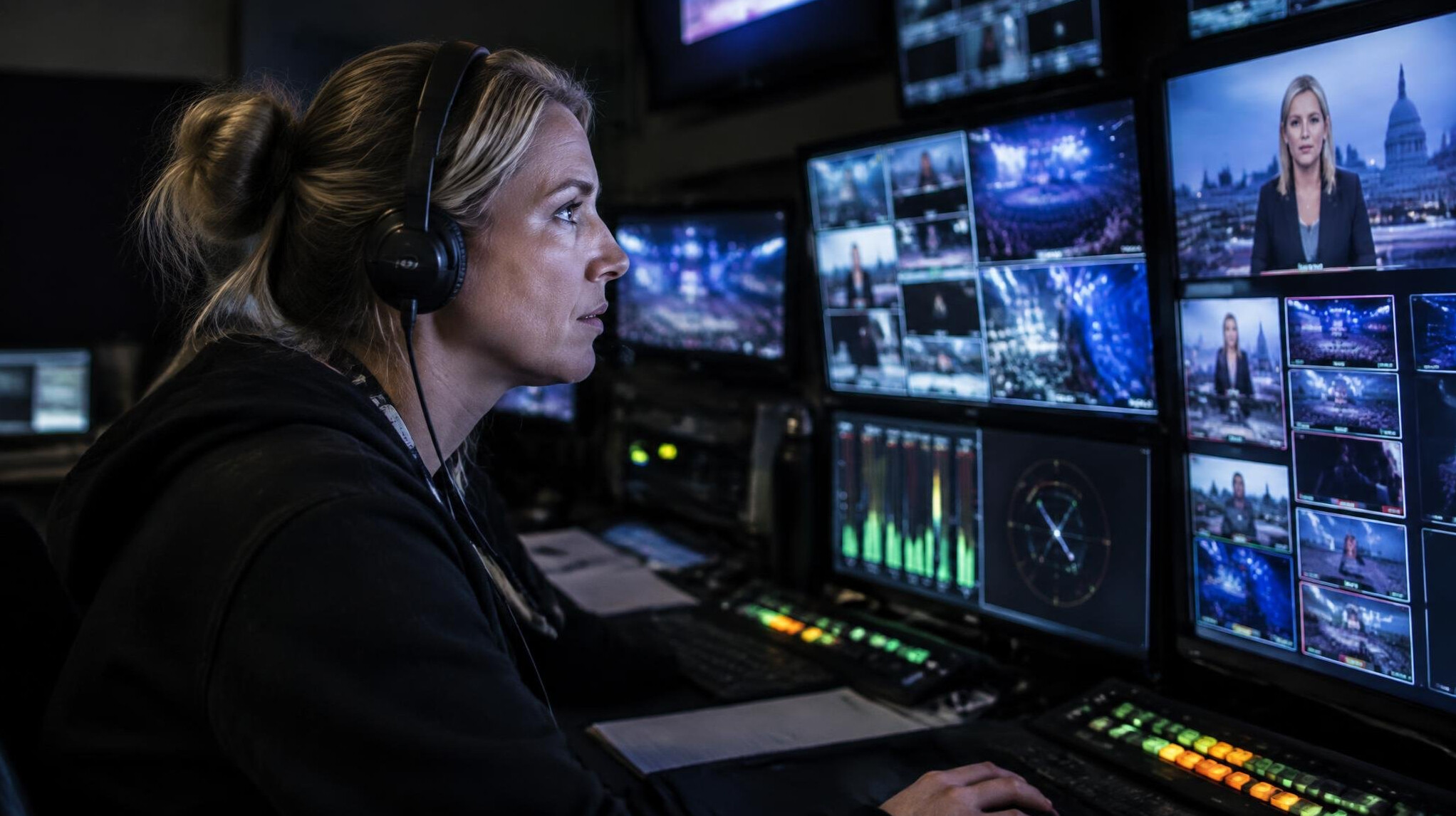 Technician monitoring live signal feeds on a control panel