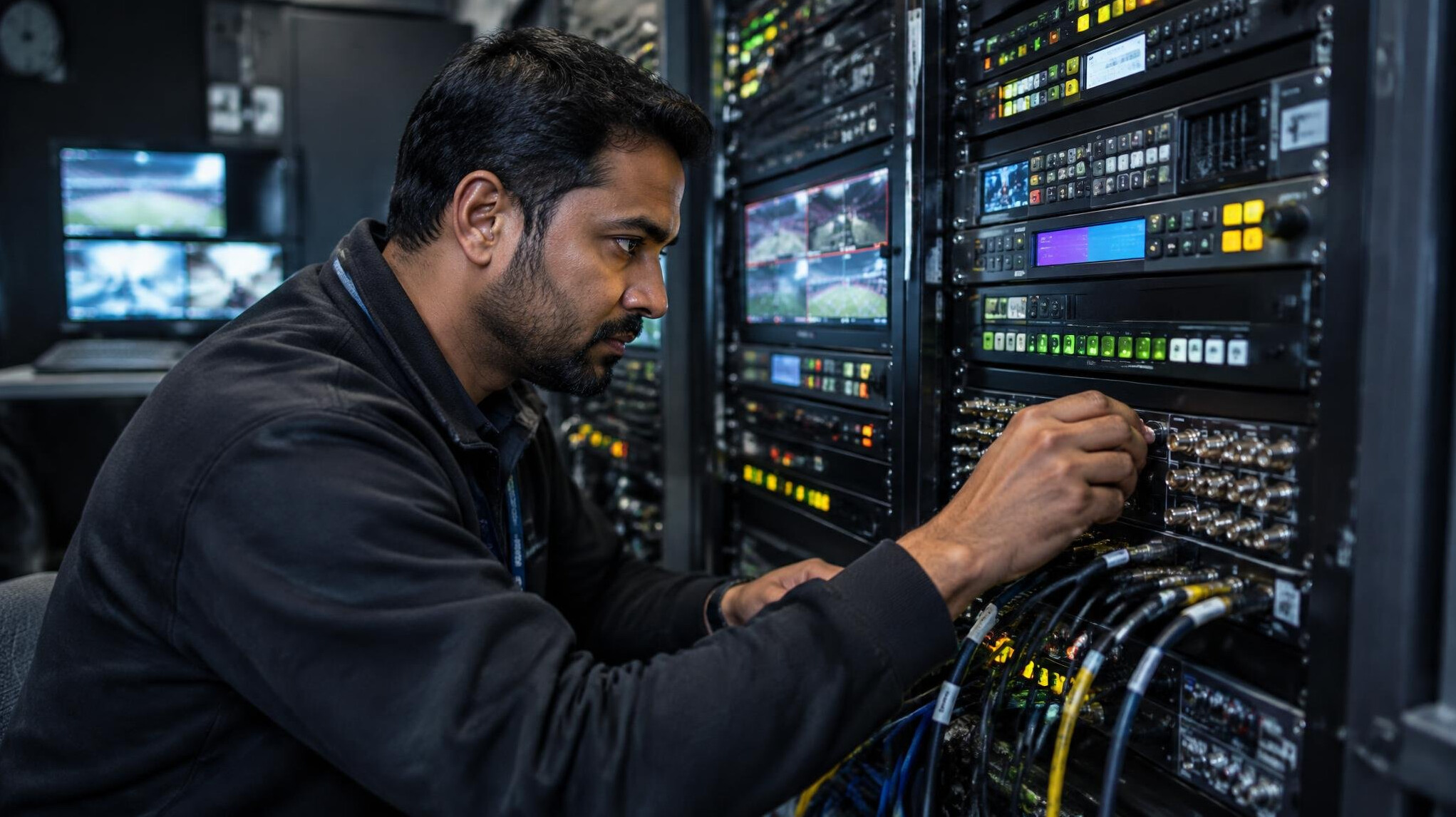 Broadcast engineer adjusting signal routing equipment in a technical rack